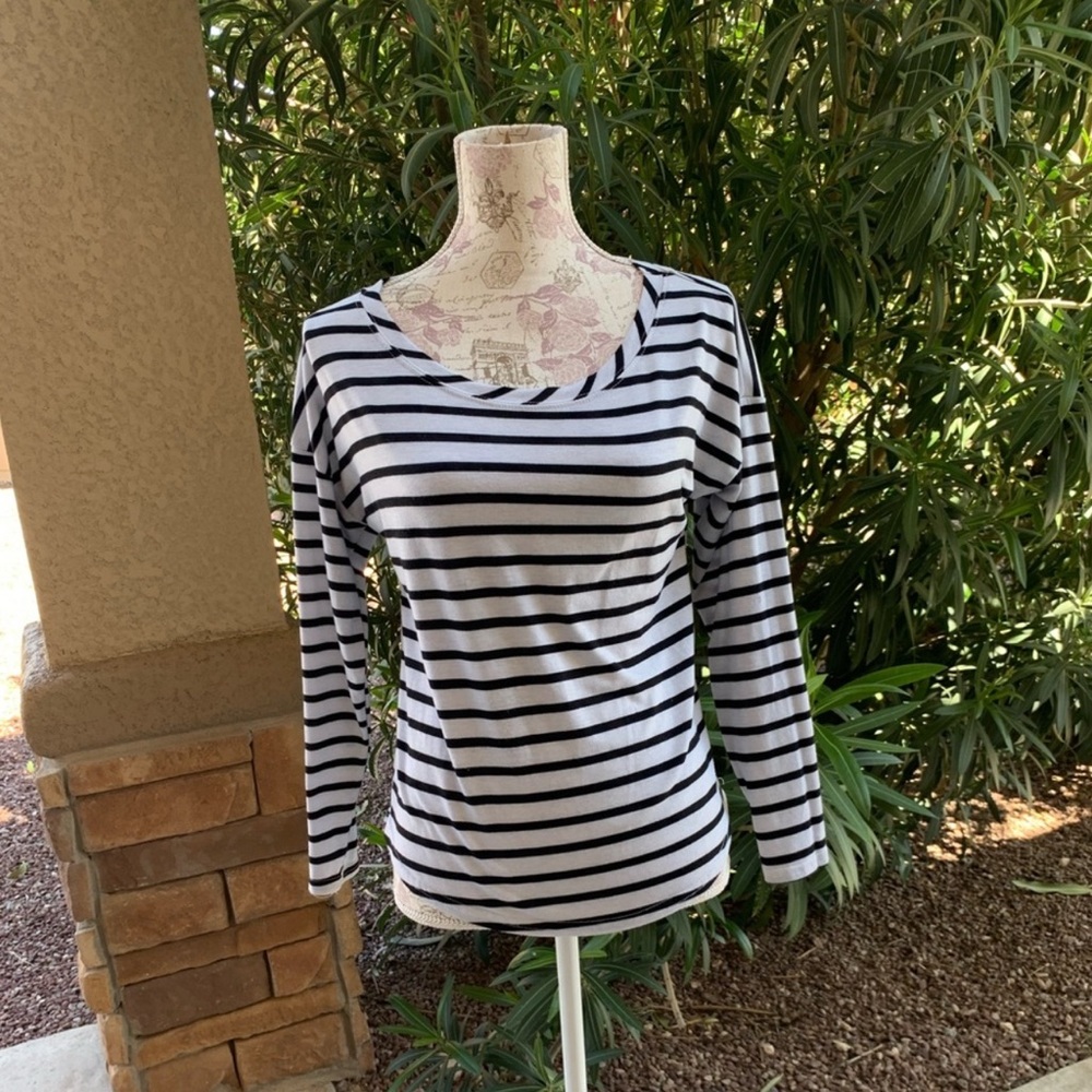 Poof! Black & White Striped Long Sleeve Tee | Soft Stretch | Size Small